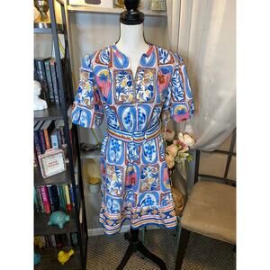 NWT Joie size 4 Stunning Tropical Tile Print Belted Puffy Short Sleeve Dress